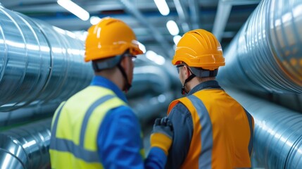 A team of HVAC technicians wearing safety gear and uniforms working together to install and set up an industrial HVAC system including ductwork piping