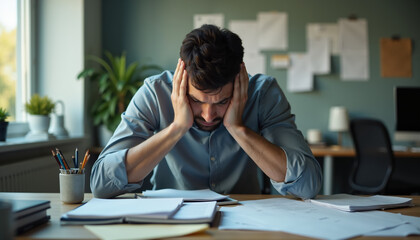 Stressed Businessman Looking at Papers in Home Office, Exhausted and Overworked