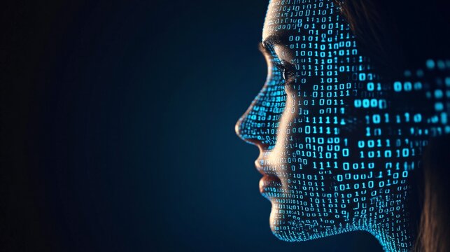 Human face composed of binary code symbolizing AI and machine learning