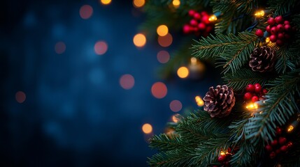 Obraz premium Christmas tree branch decorated with fairy lights creating a warm atmosphere