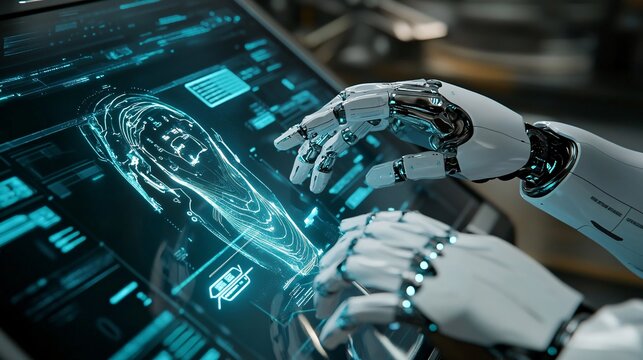 Close-up of a humanoid robot interacting with a holographic display