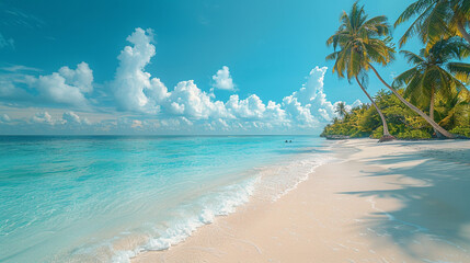 Fototapeta premium tropical beach scene, sandy beach, palm trees blue sky and water, holiday, tourism concept