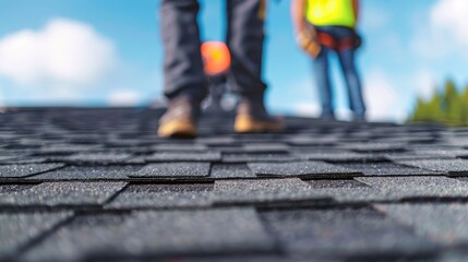 Roofers Professionally Applying New Asphalt Shingles on the Roof of a Residential Home with a Deep Depth of Field Showcasing the Texture and Pattern of the Roofing Materials