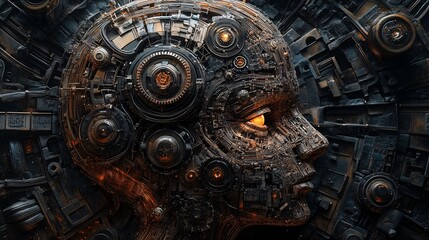 Abstract AI brain with gears and mechanical elements