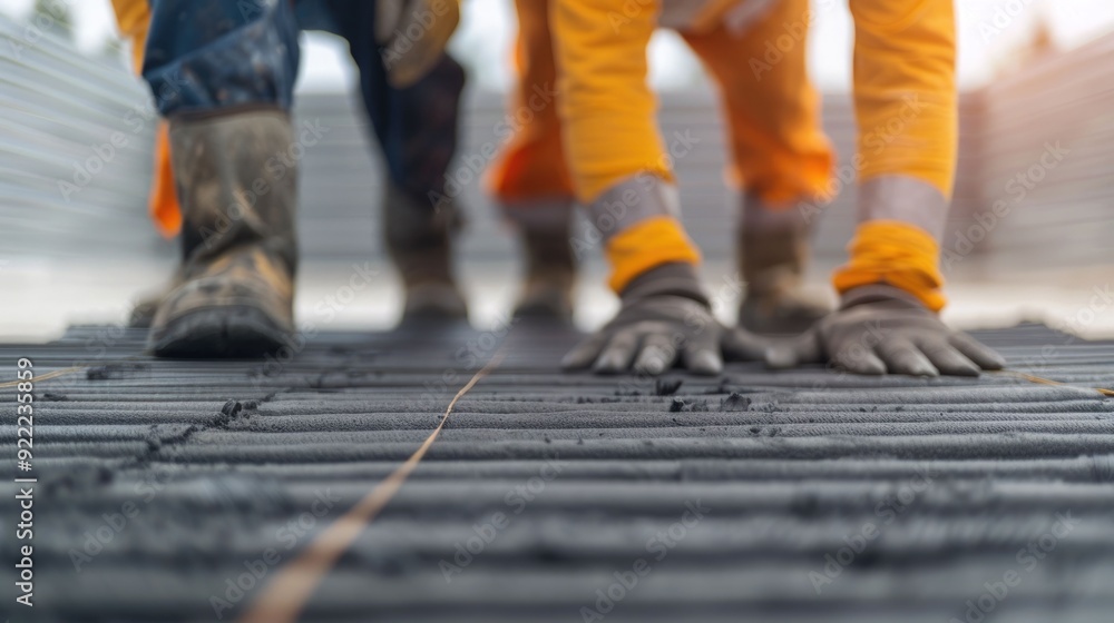 Poster a team of construction workers carefully applying new roofing shingles to a residential building wit