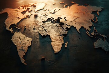 Abstract World Map with Metallic Texture and Warm Light
