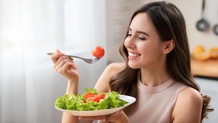 Girl holds fork in tomato on salad plate. Diet, beautiful young woman eats salad, she is on diet. Concept: healthy eating, eating fresh vegetables.