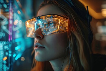 Woman working with virtual computer. Girl using modern computer surfing futuristic metaverse. Cyber world and digital data. Augmented reality, future innovative technology and programming concept