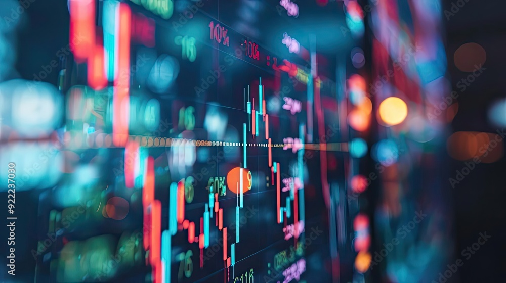 Poster dynamic stock market data displayed on a digital screen, showcasing vibrant graphs and analytics for