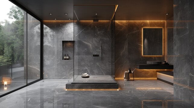 Modern minimalist bathroom with large format tiles, walk-in shower with frameless glass doors, wall-mounted sink.