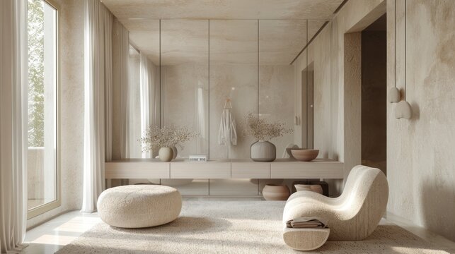 Modern minimalist dressing room with floating makeup vanity, mirrored closet doors, soft neutral colors.