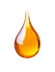 High definition image of a single drop of yellow oil against a clean white background, showcasing purity and essence in a minimalistic style