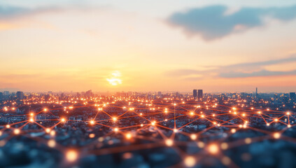 Global map showcasing glowing connections between cities at sunset, symbolizing communication and connectivity in an urban environment