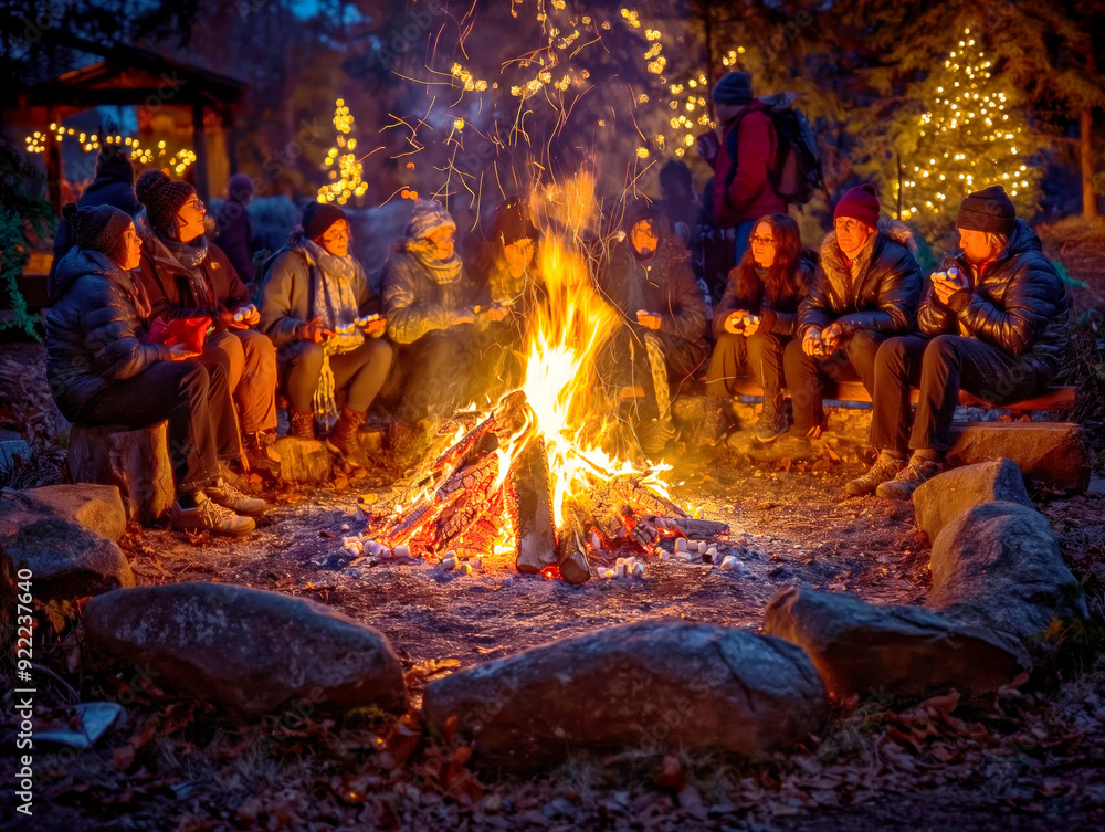 Wall mural A group of people are sitting around a fire, enjoying each other's company. The fire is crackling and the atmosphere is warm and inviting