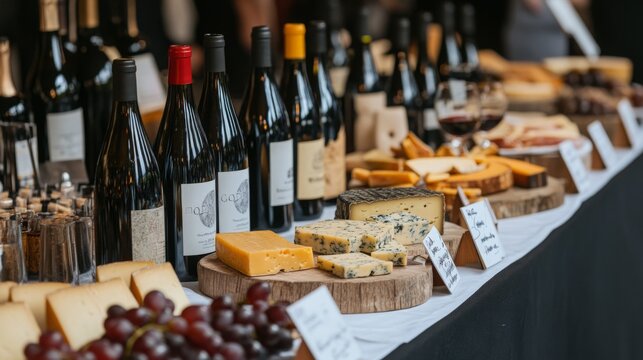 A variety of cheeses and bottles of wine are elegantly arranged on wooden boards, creating an inviting atmosphere at a food tasting event.