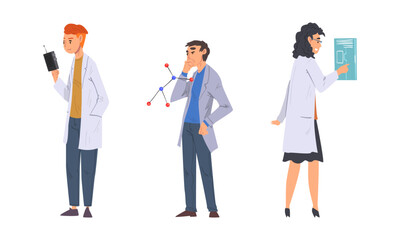 Obraz premium Physicists in white lab coats doing scientific experiment with laboratory equipment set cartoon vector illustration