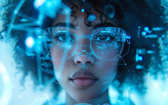 Woman working with virtual computer. Girl using modern computer surfing futuristic metaverse. Cyber world and digital data. Augmented reality, future innovative technology and programming concept