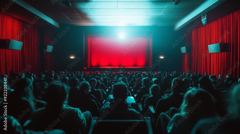 Poster a large audience is seated in a theater, captivated by a performance illuminated by bright stage lig