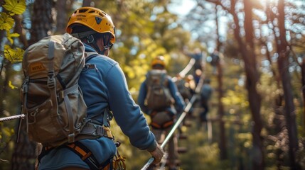 Naklejka premium Business team outdoor adventure, hiking, ropes course, team bonding.