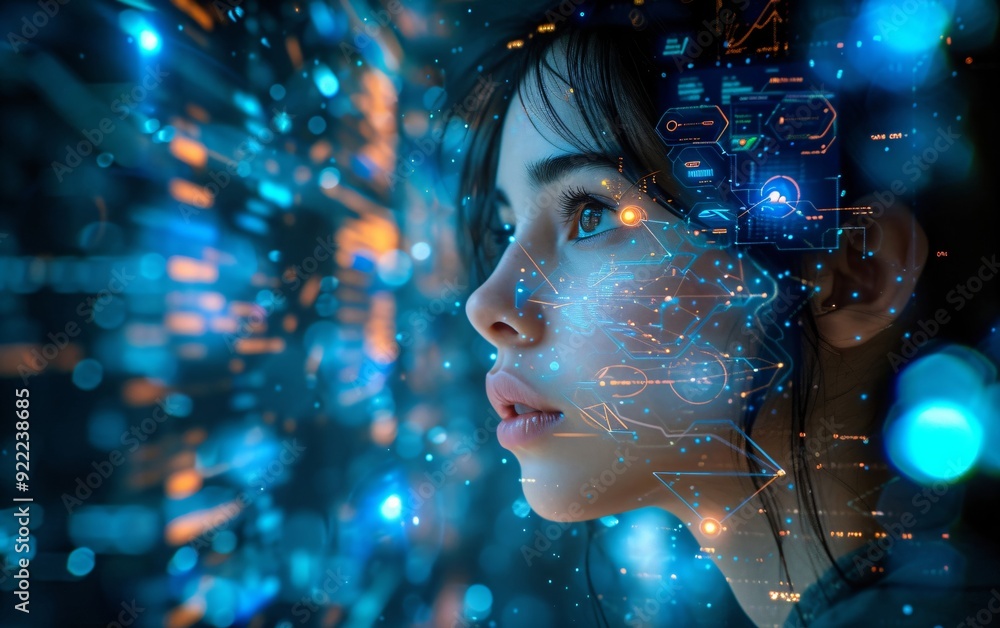 Wall mural woman working with virtual computer. girl using modern computer surfing futuristic metaverse. cyber 