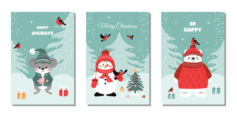A set of festive winter postcards with cute characters. A bear, a snowman, a mouse. Vector design
