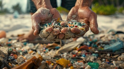 Volunteer sorting recyclables from trash on the beach, close-up, detailed action.