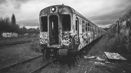 A black-and-white photo of a graffiti-covered train, highlighting the contrast between the urban decay and the vibrant art, symbolizing rebellion and creativity.