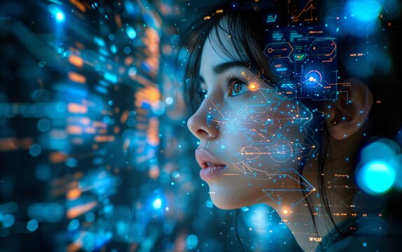 Woman working with virtual computer. Girl using modern computer surfing futuristic metaverse. Cyber world and digital data. Augmented reality, future innovative technology and programming concept - Powered by Adobe