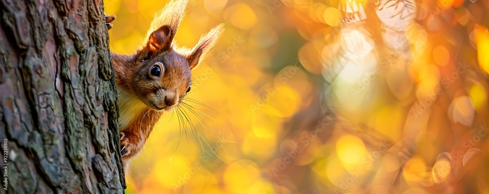 Poster red squirrel peeking out from behind tree trunk in autumn forest