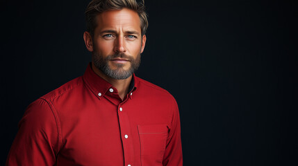 Obraz premium A confident male model with a beard and short hair, wearing a simple red shirt and black trousers, standing on a black background with warm studio lighting