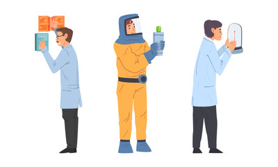 Scientists doing scientific experiment with laboratory equipment set cartoon vector illustration