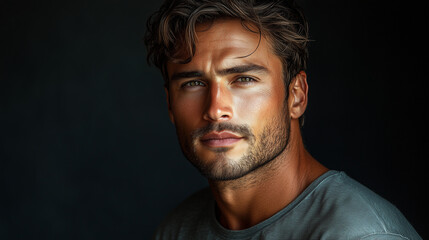 Obraz premium A confident male model with a clean-shaven face and short, dark hair, wearing a simple grey t-shirt and jeans, posing on a dark grey background