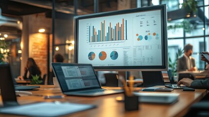 A busy office environment with a group of professionals collaborating at a conference table. Whiteboard filled with charts and diagrams, and laptops open in front of them.
