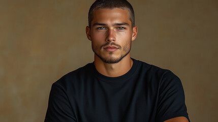Obraz premium A striking male model with a buzz cut and stubble, wearing a minimalist black t-shirt and jeans, posing confidently on a beige background