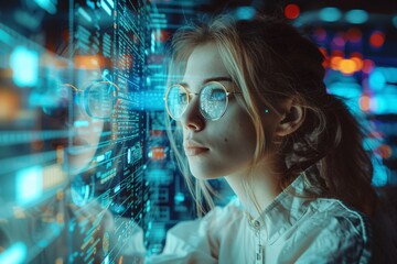 Woman working with virtual computer. Girl using modern computer surfing futuristic metaverse. Cyber world and digital data. Augmented reality, future innovative technology and programming concept