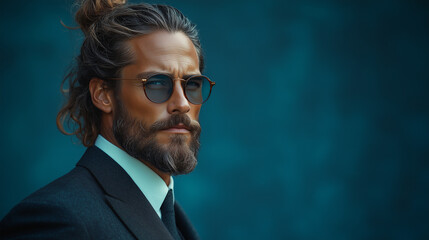 Obraz premium A stylish male model with a man bun and beard, dressed in a classic black suit, standing against a dark blue background with a subtle vignette effect
