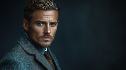 Obraz premium A sophisticated male model with a clean-shaven face and slicked-back hair, wearing a tailored grey suit, posing against a dark grey background with a spotlight effect
