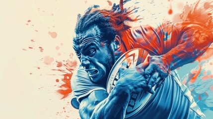 Close-up of rugby player tackling, graphic effects, power, impact, rugby field background.