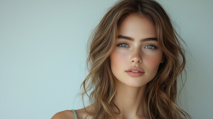 A graceful female model with long, wavy brown hair, wearing a minimalist green dress, posing on a light grey background with soft, diffused lighting