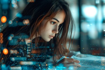 Woman working with virtual computer. Girl using holographic screen surfing futuristic metaverse. Cyber world and digital data. Augmented reality, future innovative technology and programming concept