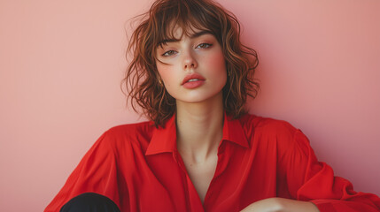 A magnetic non-binary model with curly, shoulder-length hair, wearing a simple red shirt and black pants, posing against a pastel pink background