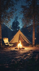 Campfire burning under the stars next to tent and chair