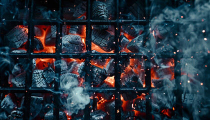 Top view through black barbecue grate of burning coals with sparks and white smoke