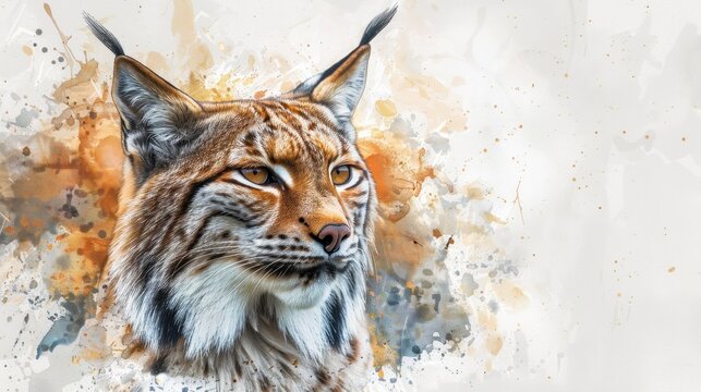 A stealthy lynx in detailed watercolor, showcasing its facial features and fur. The white background enhances its elegance.