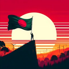 Illustration of a silhouette of an man silhouette with the flag of bangladesh high on a hill during sunset.