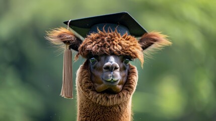 Obraz premium A close-up of a proud llama donning a graduation cap, its expressive face capturing attention against a backdrop of lush, blurred greenery. Excellent for celebration themes.