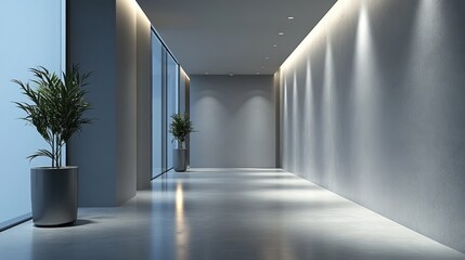 A modern minimalist hallway with a smooth, uninterrupted wall, a single light fixture, and a polished concrete floor, emphasizing clean lines and simplicity.