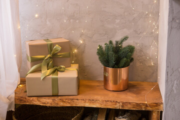 The interior of the Scandinavian-style living room, decorated for the Christmas holidays.