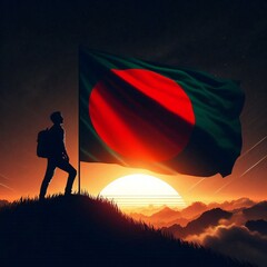Illustration of a silhouette of an man silhouette with the flag of bangladesh high on a hill during sunset.