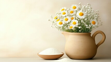 Bouquet of fresh daisies is standing in a rustic clay jug next to a bowl of collagen powder, suggesting a natural approach to beauty and skincare